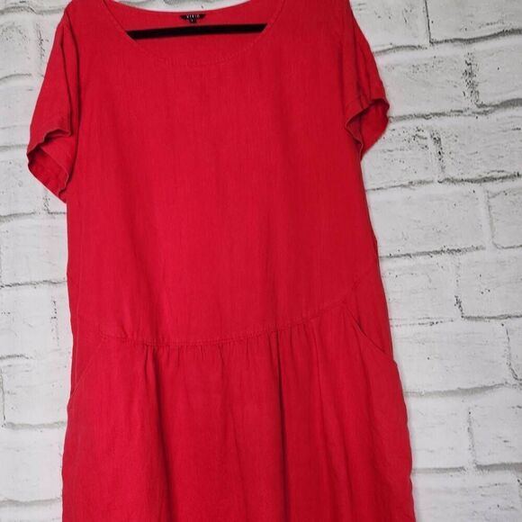 Vivid Womens Red Lagenlook Linen Short Sleeve Midi Dress Size Large - Picture 3 of 11